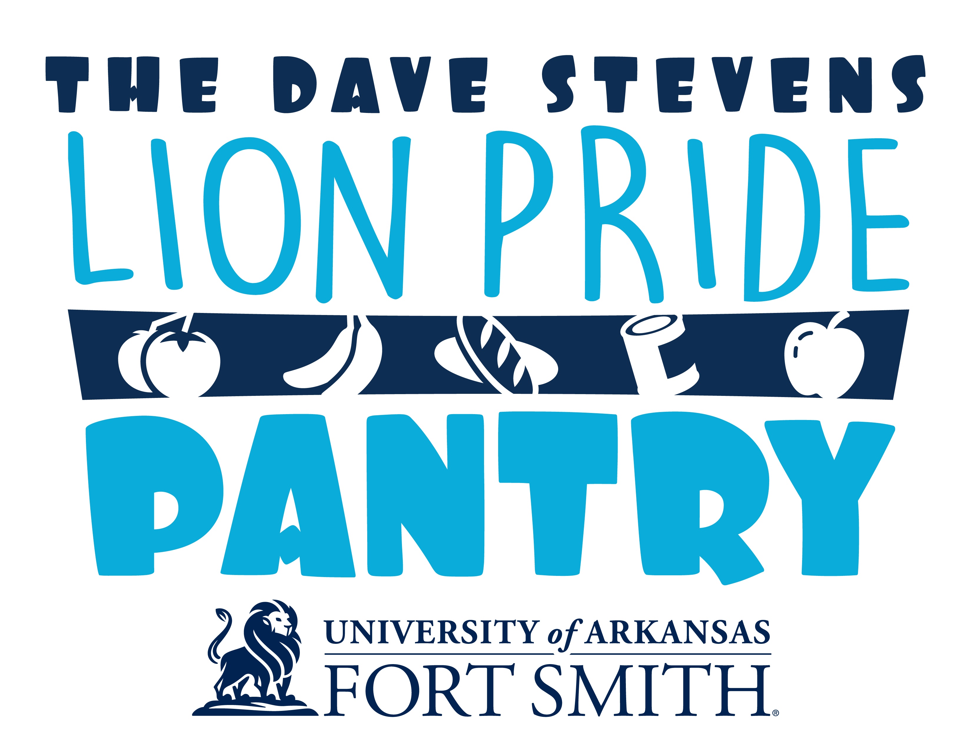Logo for The Dave Stevens Lion Pride Pantry at the University of Arkansas - Fort Smith, featuring food icons.