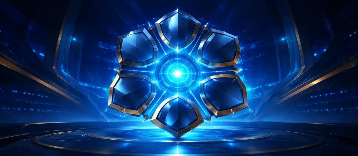 Six shield shapes surrounding a glowing blue energy core