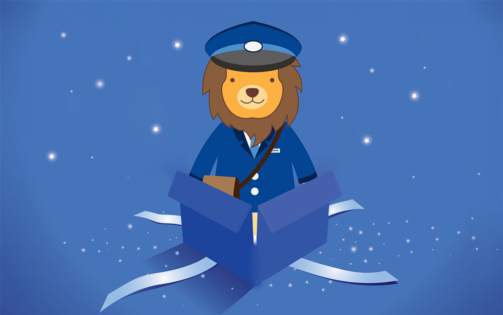 UAFS mascot Numa, is dressed as a postal worker coming out of a holiday gift box