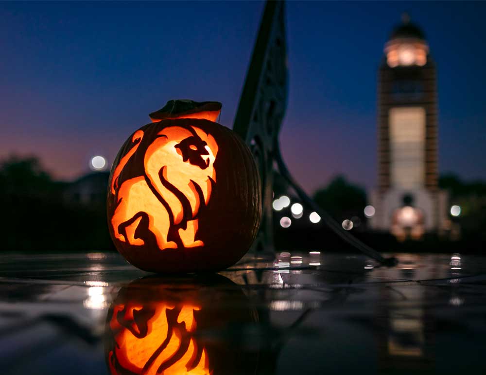 Pumpkin carved with UAFS logo, Numa the Lion