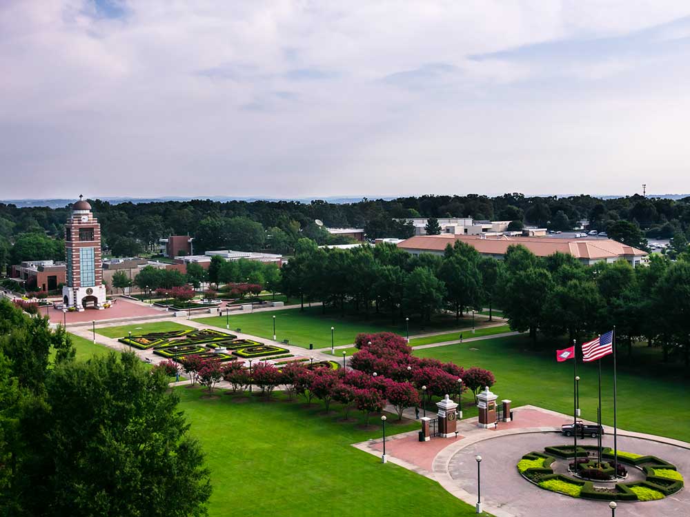 Aerial view of UAFS with the Bell Tower and Campus Green