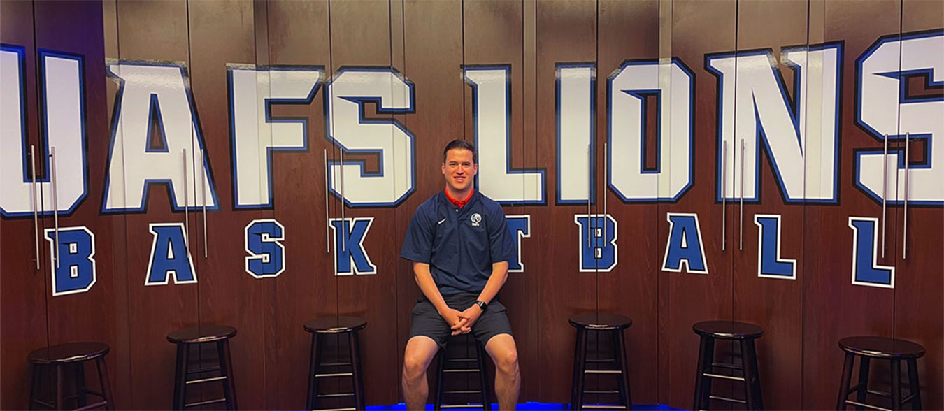 UAFS men's basketball head coach Zane Gibson, sits in front of team lockers