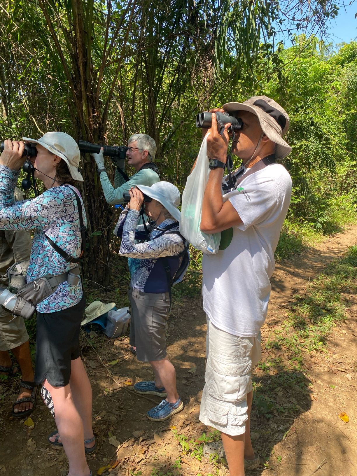 Women and men using binoculars