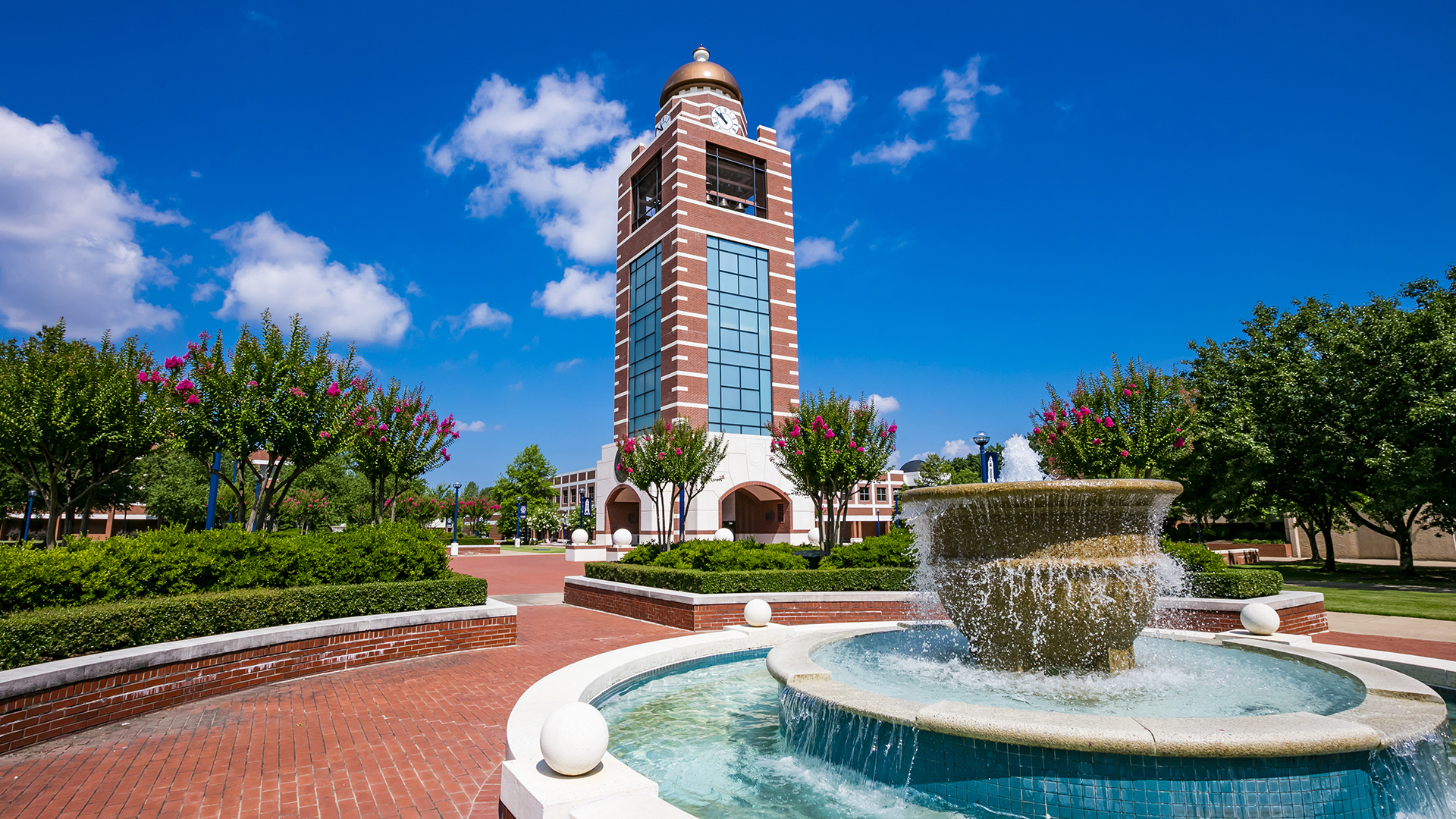 UAFS Bell Tower sits in the background while a fountain flows in the foreground