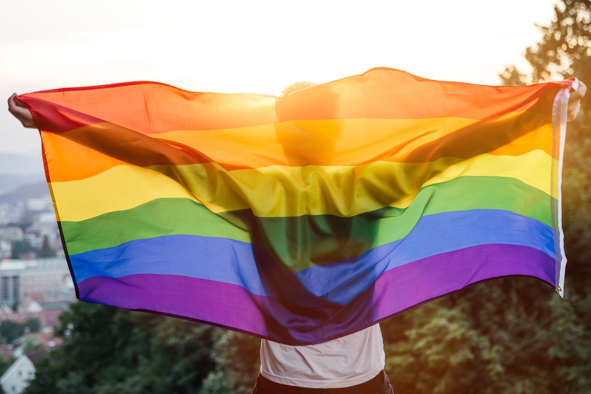a person holds a rainbow flag