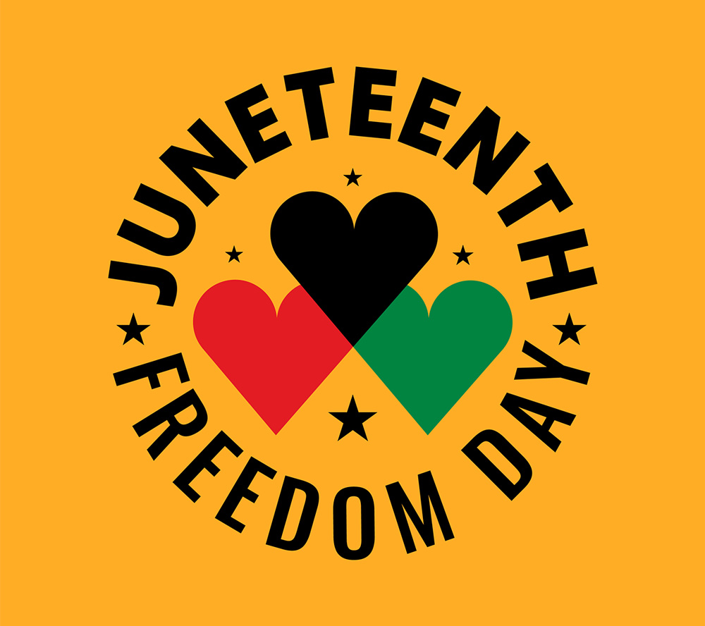 Three hearts, colored red, black, and green sit at the center of a yellow background with the words "Juneteenth - Freedom Day" in black in a circle around the hears with black stars