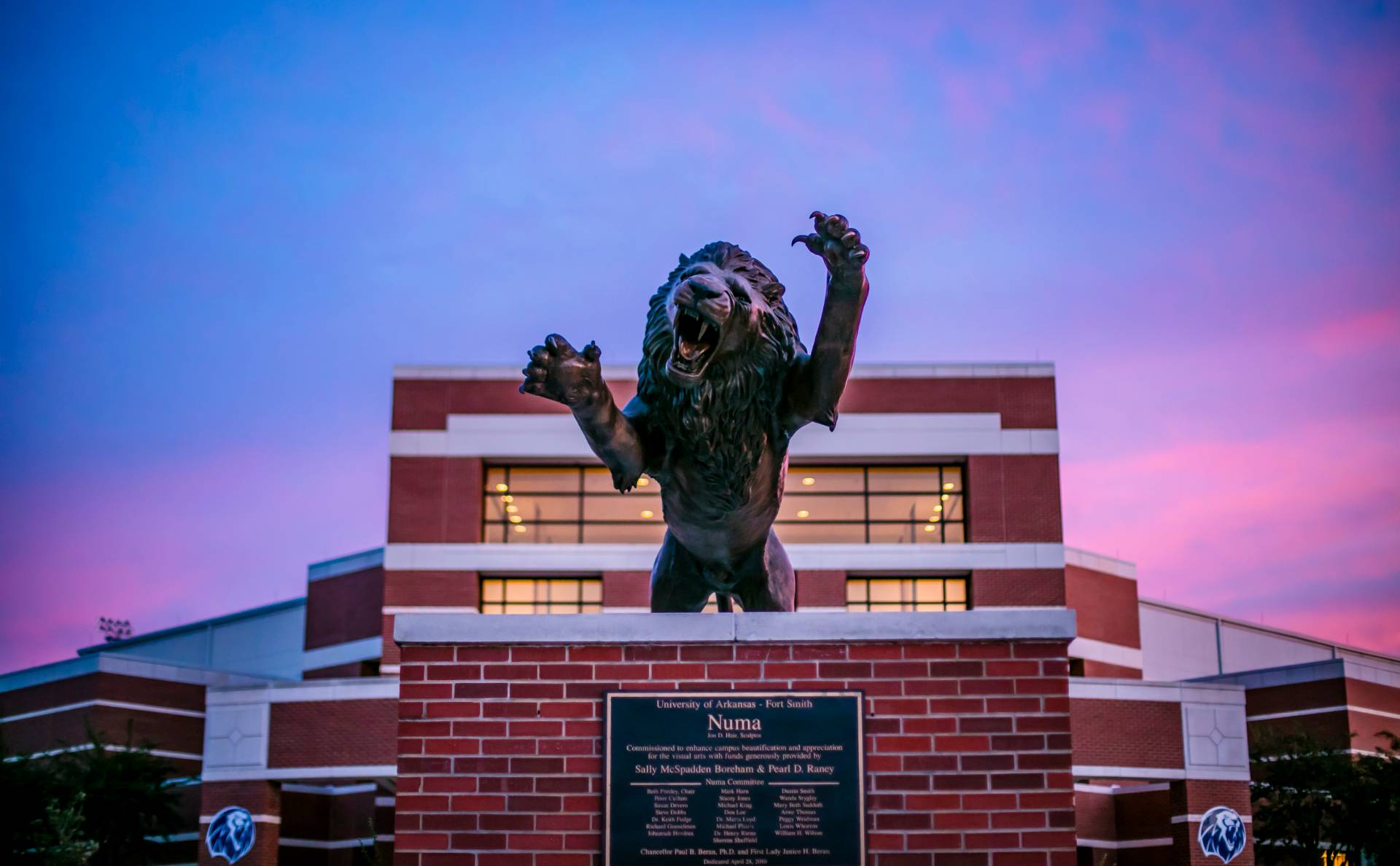 The Numa lion statue at sunset